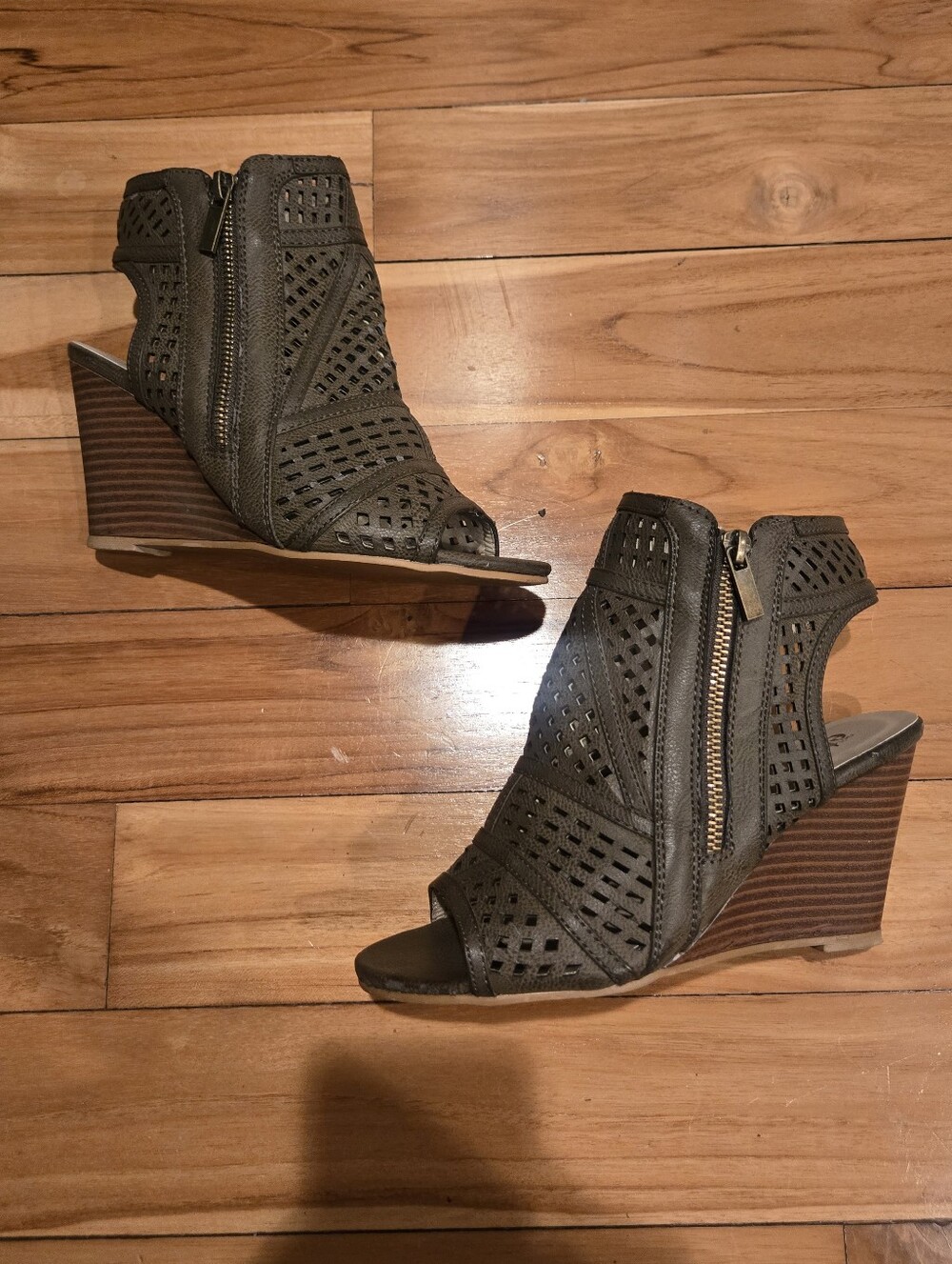 Olive Perforated Wedge Sandals with Side Zipper